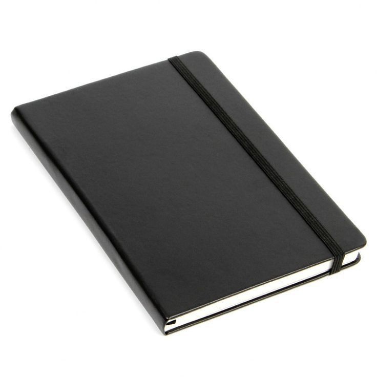 a black notebook on a white background with clippings to the front and side