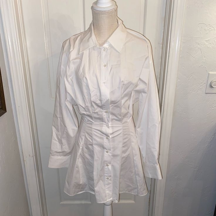 White Shirt Style Dress Size Medium But Def Fits Xs-Medium Depending On The Fit Never Worn White Long Sleeve Shirt Dress For Casual Days, White Long Sleeve Shirt Dress For Casual Wear, White Mini Shirt Dress For Dress Down Occasions, White Mini Length Shirt Dress For Casual Wear, White Mini Shirt Dress For Casual Wear, Elegant Collared Cotton Mini Dress, Elegant Cotton Collared Mini Dress, Zara Long Sleeve Shirt Dress For Brunch, Zara White Shirt Dress For Dress Down Occasions