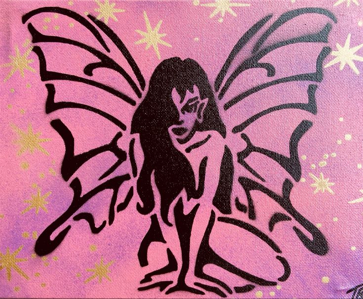 a painting of a fairy sitting on top of a pink surface with stars around it