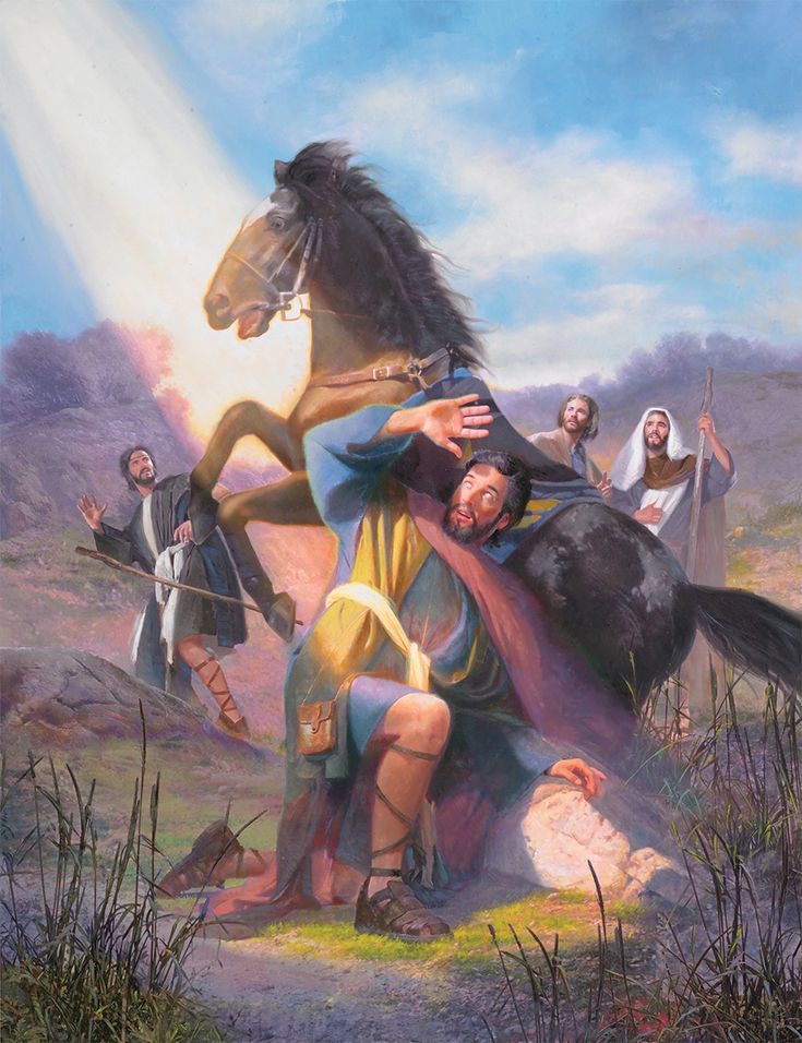 a painting of jesus riding on the back of a horse with other people around him