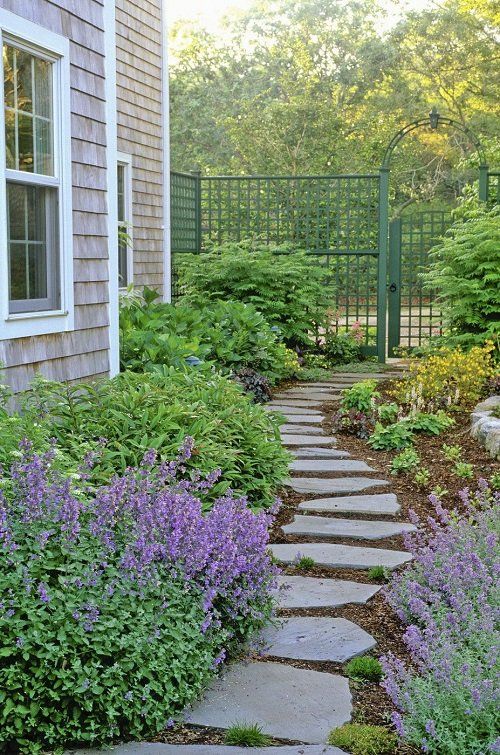 a stone path leading to a house with purple flowers in the foreground and green bushes on either side