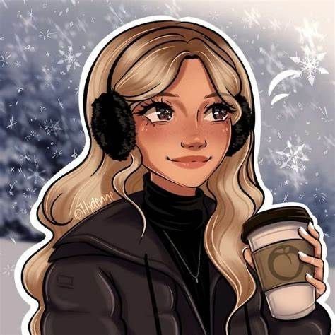 a woman with headphones holding a coffee cup in front of snow covered trees and evergreens