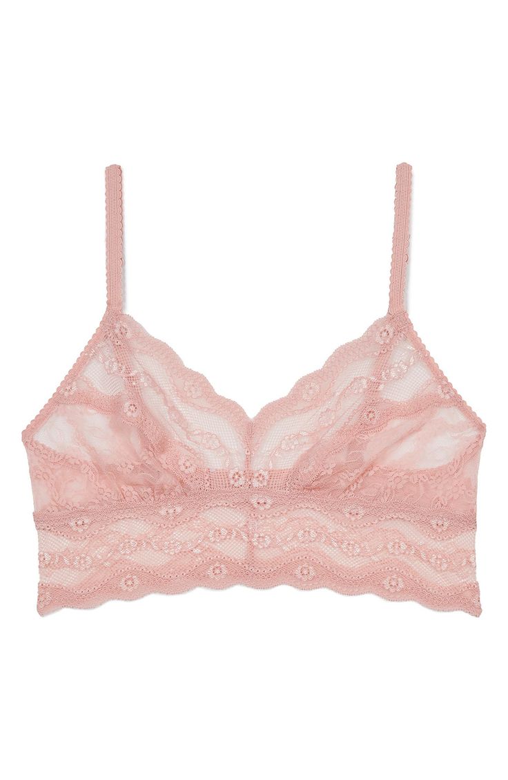 This sheer bralette looks cute (while being incredibly comfy) in slightly stretchy lace with a wide elastic band. 89% nylon, 11% spandex Hand wash, line dry Imported Lingerie Lace Camisole With Removable Bra Pads, Seamless Stretch Lace Bra, Pink Feminine Bra With Delicate Lace, Feminine Pink Bra With Delicate Lace, Fitted Seamless Lace Bra, Fitted Lace Seamless Bra, Seamless Fitted Lace Bra, Delicate Fitted Bra With Delicate Straps, Bra Friendly Lace Camisole