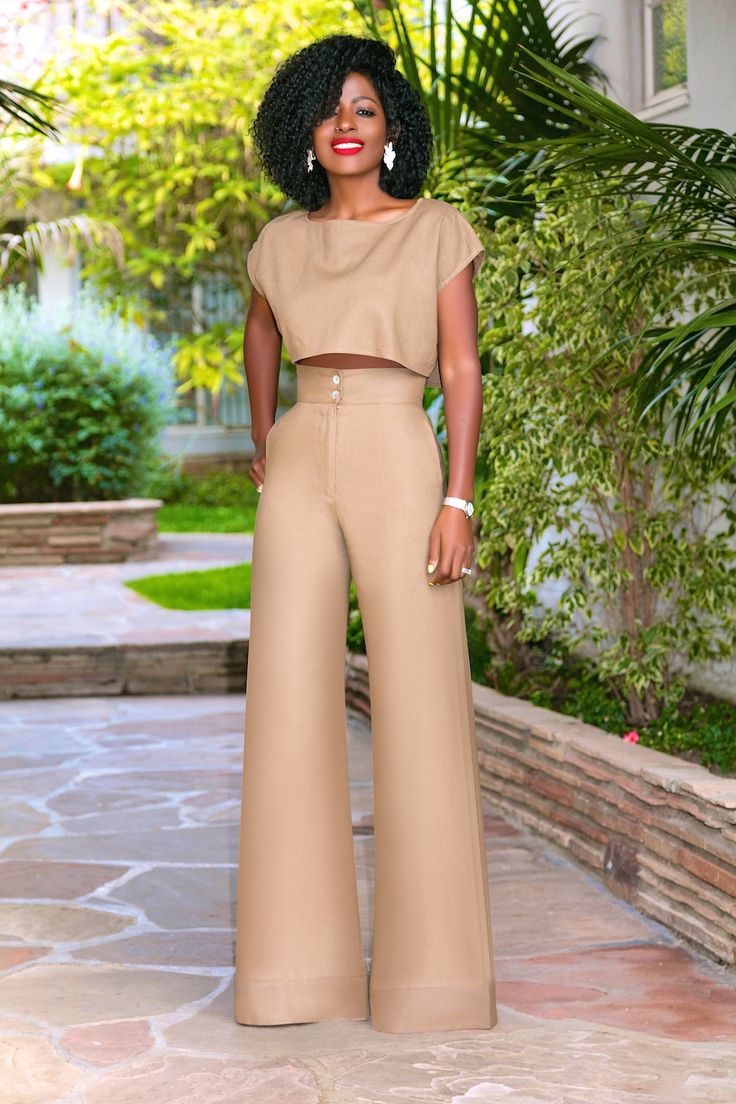 Style Pantry | Linen Crop Top + Linen High Waist Wide Legs High Waist Pants And Crop Top, High Waisted Tailored Pants Outfit, Cropped Top Outfits Classy, Wide Leg Pants And Crop Top Outfit, Wide Pants Outfit High Waist Classy, Classy Crop Top Outfits, Pants And Top Outfit Classy, High Waisted Trousers Outfit, Crop Top Outfits Classy