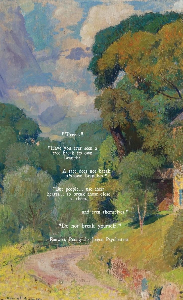 an image of a painting with words written in the middle and trees on either side