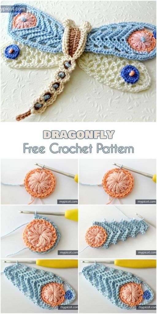 crocheted dragonfly is shown with instructions to make it