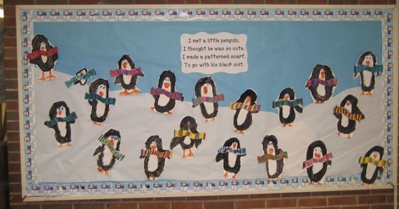 a bulletin board with penguins on it