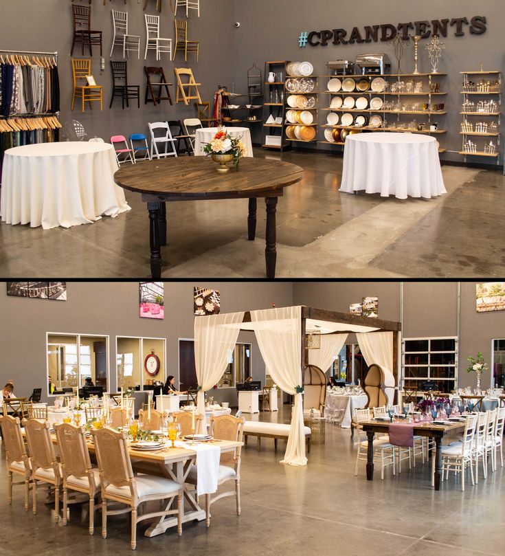 there are two pictures of tables and chairs in the store with white tablecloths on them