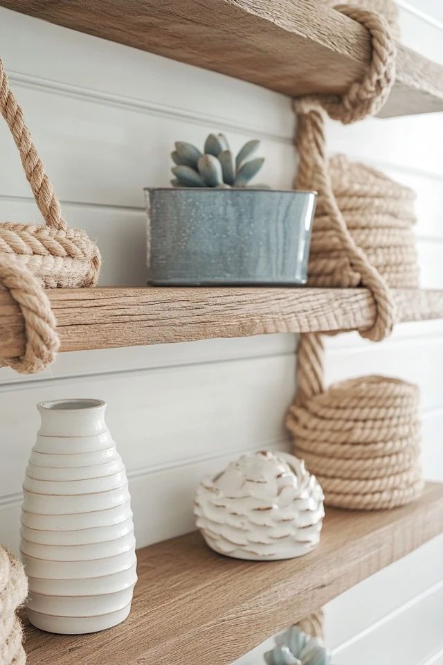 some rope is hanging on the wall next to vases and pots with succulents