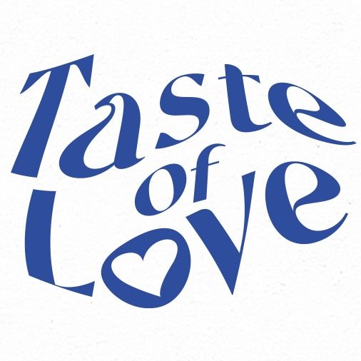 the taste of love logo is shown on a white background with blue lettering that reads taste of love