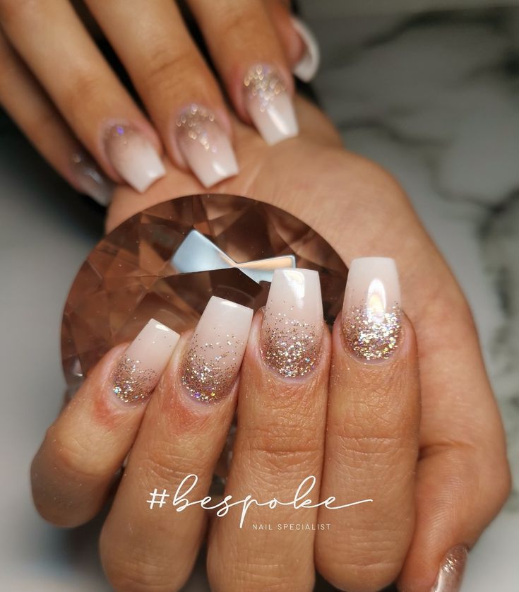 White And Rose Gold Ombre Nails, Rose Gold Reverse French Manicure, Glitter Fade Acrylic Nails, Rose Gold Ombré Nails, Gold Glitter Ombre Nails Acrylic, Faded French Nails With Art, Glitter Fade Nails Gel, Fade Nails Ombre, Rose Gold And White Nails