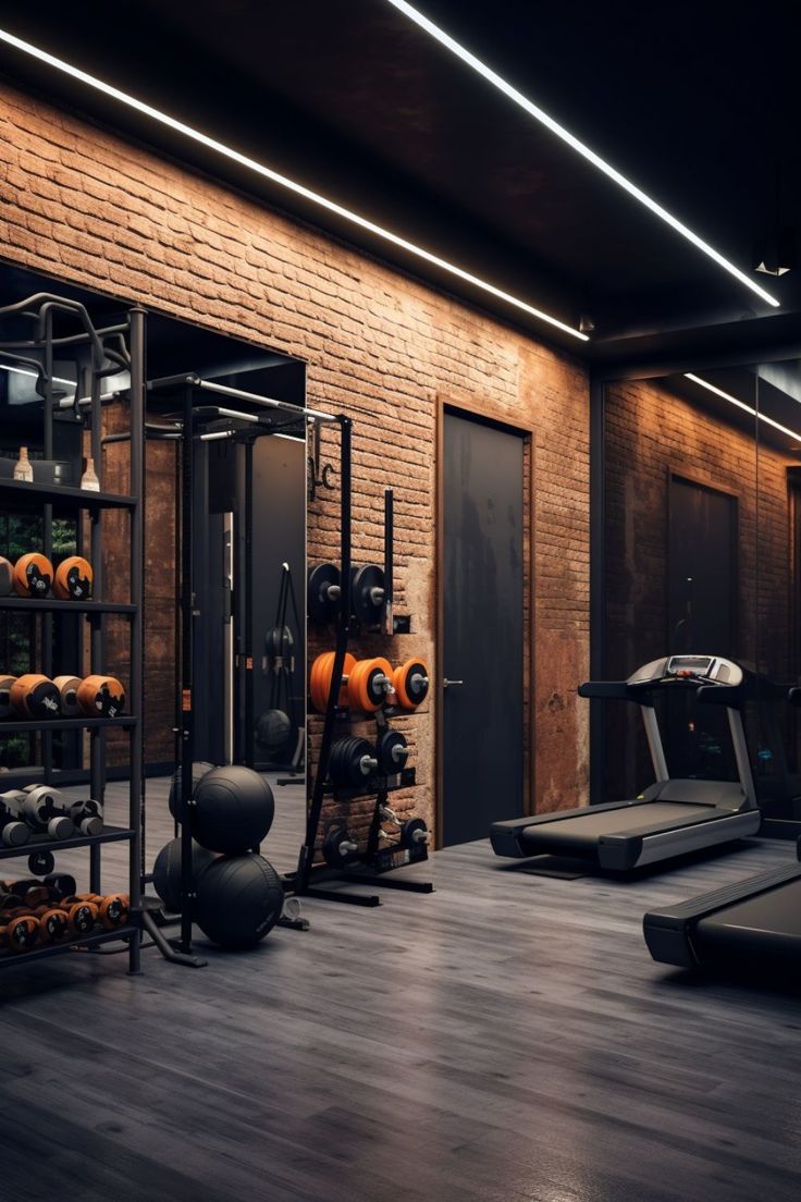 mini gym at home ideas mini home gym small home gym ideas Home Gym Layout, Commercial Gym Design, Garage Gym Ideas, Exercise Benches, Luxury Home Gym, Pilates Cardio, Home Gym Inspiration, Gym Lighting, Dream Home Gym