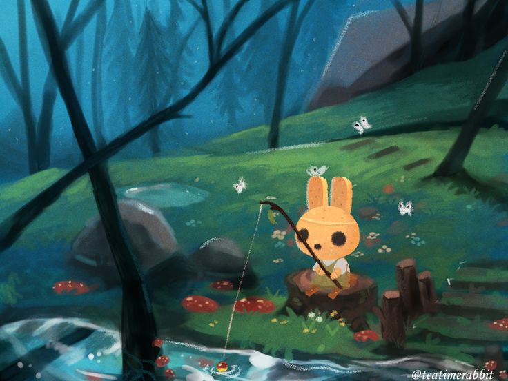 a painting of a rabbit fishing in the woods