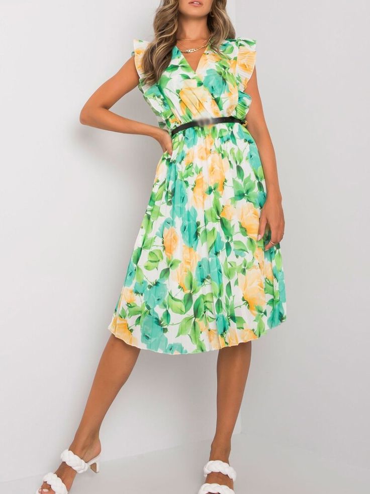 Bloom in elegance with this vibrant floral midi dress! Its playful pleats and flattering V-neck design exude sophistication, perfect for those summer soirees. Feel fabulous and free in this joyful ensemble that's as stylish as it is comfortable. Summer A-line Dress With Pleated Waist, Elegant Green V-neck Floral Dress, Spring V-neck Midi Dress With Pleated Waist, Flowy A-line Pleated Dress For Summer, Spring Floral Midi Dress With Pleats, Spring Pleated Midi Floral Dress, Spring Midi Length Pleated Floral Dress, Spring Floral Pleated Midi Dress, Vacation V-neck Pleated Midi Dress