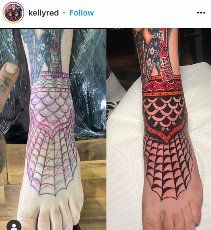 two pictures one with tattoos and the other with spider - man's web design