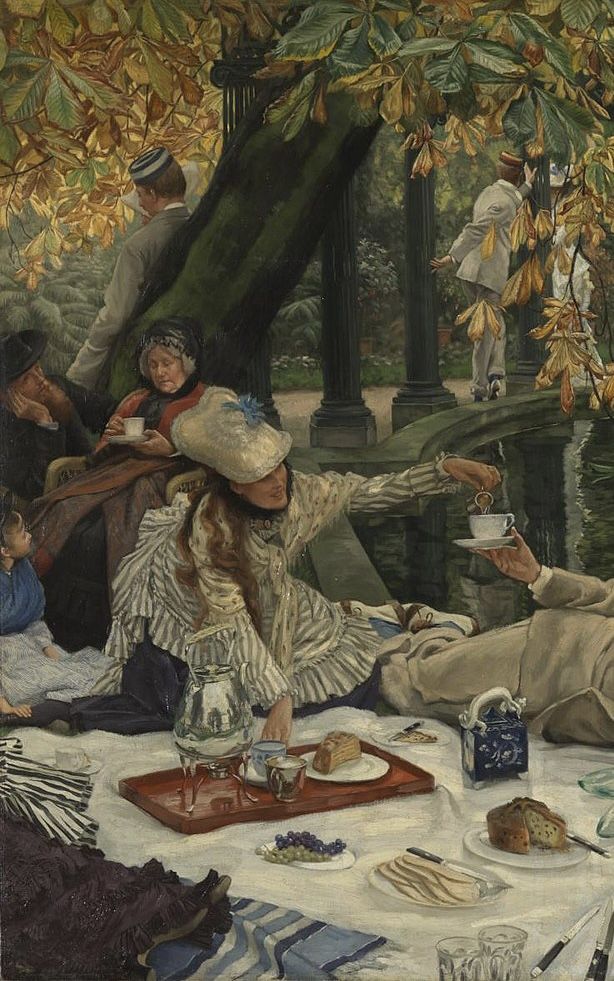 a painting of people sitting at a picnic table