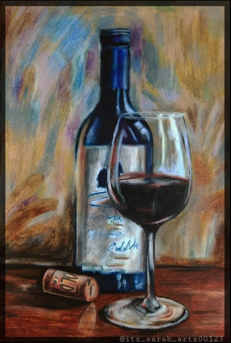 a painting of a wine bottle and glass on a table with corks next to it