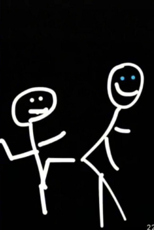 two stick figures are facing each other in front of a black background with blue eyes