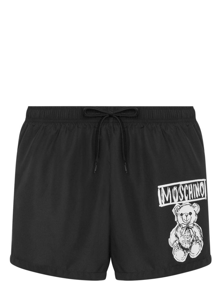 black lightweight construction fast-drying signature Teddy Bear motif elasticated drawstring waistband thigh-length Be mindful to try on swimwear over your own garments. Moschino Teddy Bear, City Shorts, Be Mindful, Balenciaga Triple S, Summer Beach Wear, Man Swimming, Sweaters Knitwear, Shorts Black, Drawstring Waistband