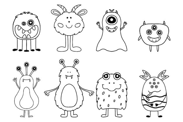 cartoon monsters with different faces and body shapes coloring pages for kids, halloween or spring holidays