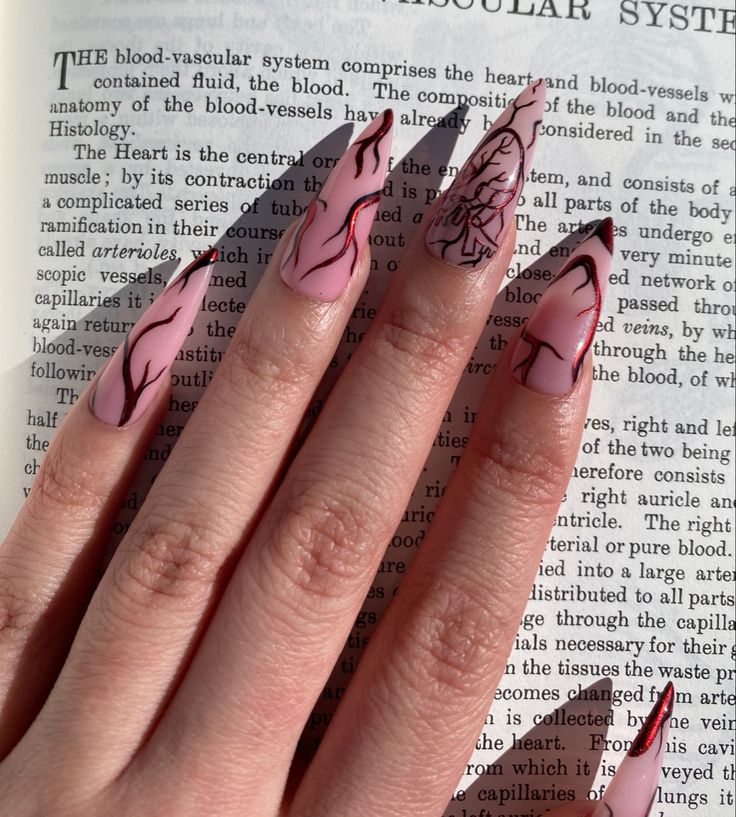 Anatomical Heart Nail Art, Anatomical Heart Nails, Vein Nails, Poison Nails, Arrow Nails, Red Veins, Heart Anatomy, Heart Nail Art, Anatomical Heart