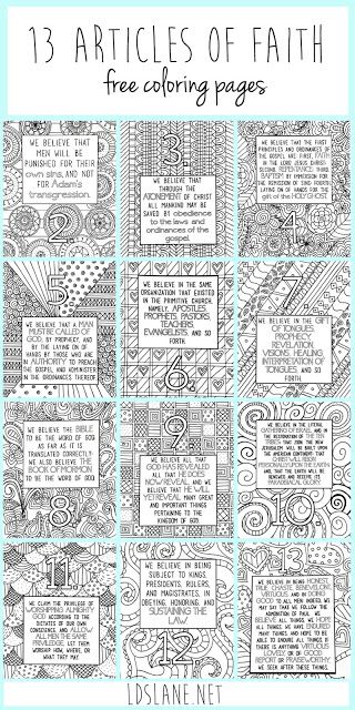 an adult coloring book with the title'13 articles of faith free coloring pages '