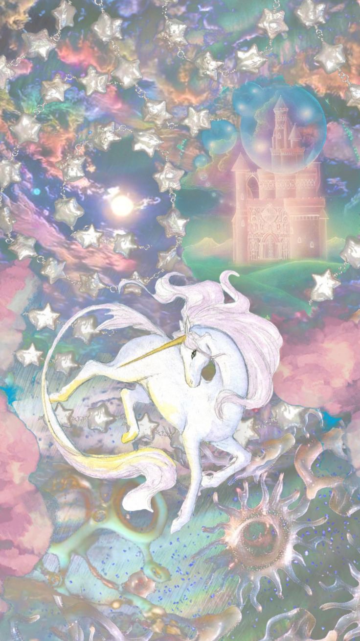 the unicorn is standing in front of a castle with stars on it's roof