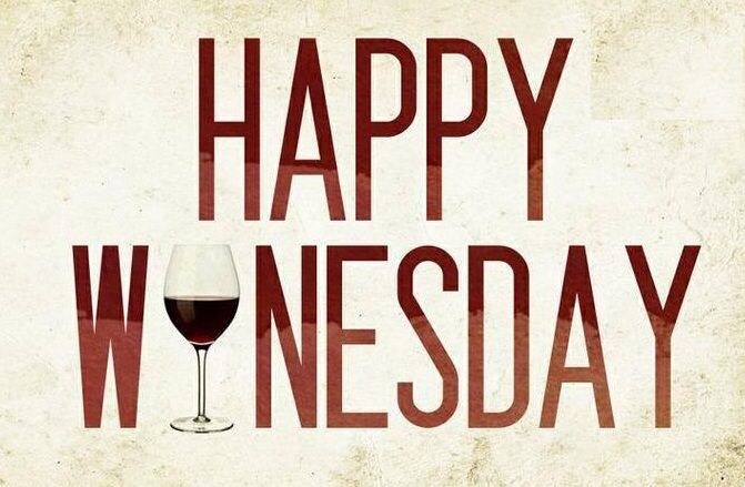 a happy wednesday message with a glass of wine