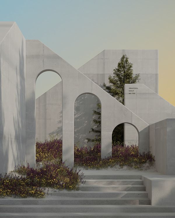 an artist's rendering of a white building with arches and flowers on the ground