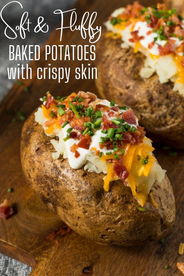 baked potatoes with crispy skin and bacon on top