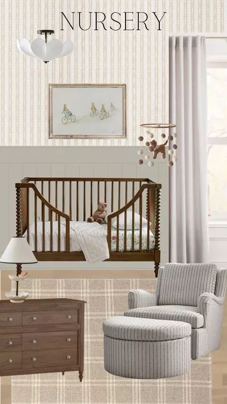 a baby's nursery room is shown with furniture and decor in shades of gray, white