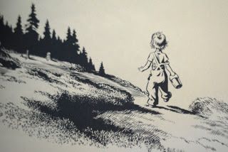 a black and white drawing of a person walking on a hill with trees in the background