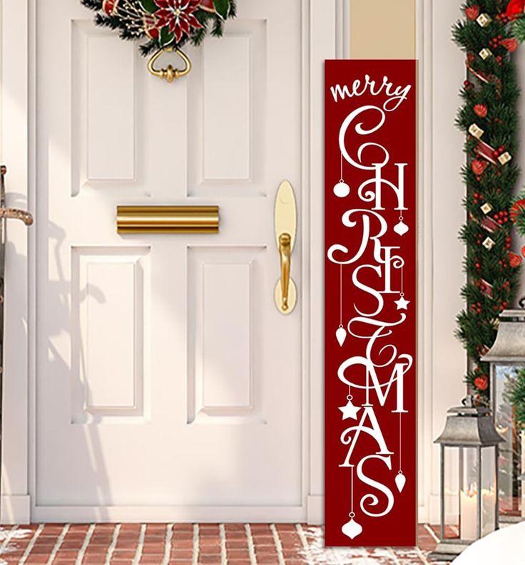 a christmas door hanger with the word merry written on it in white and red