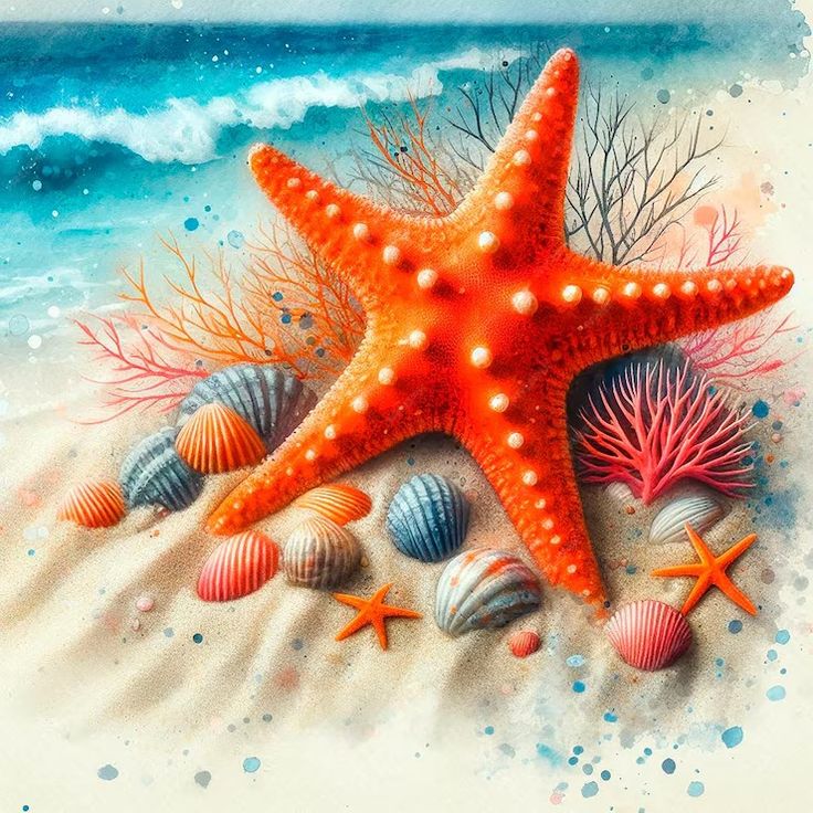 starfish and seashells on the beach with watercolor painting effect in background