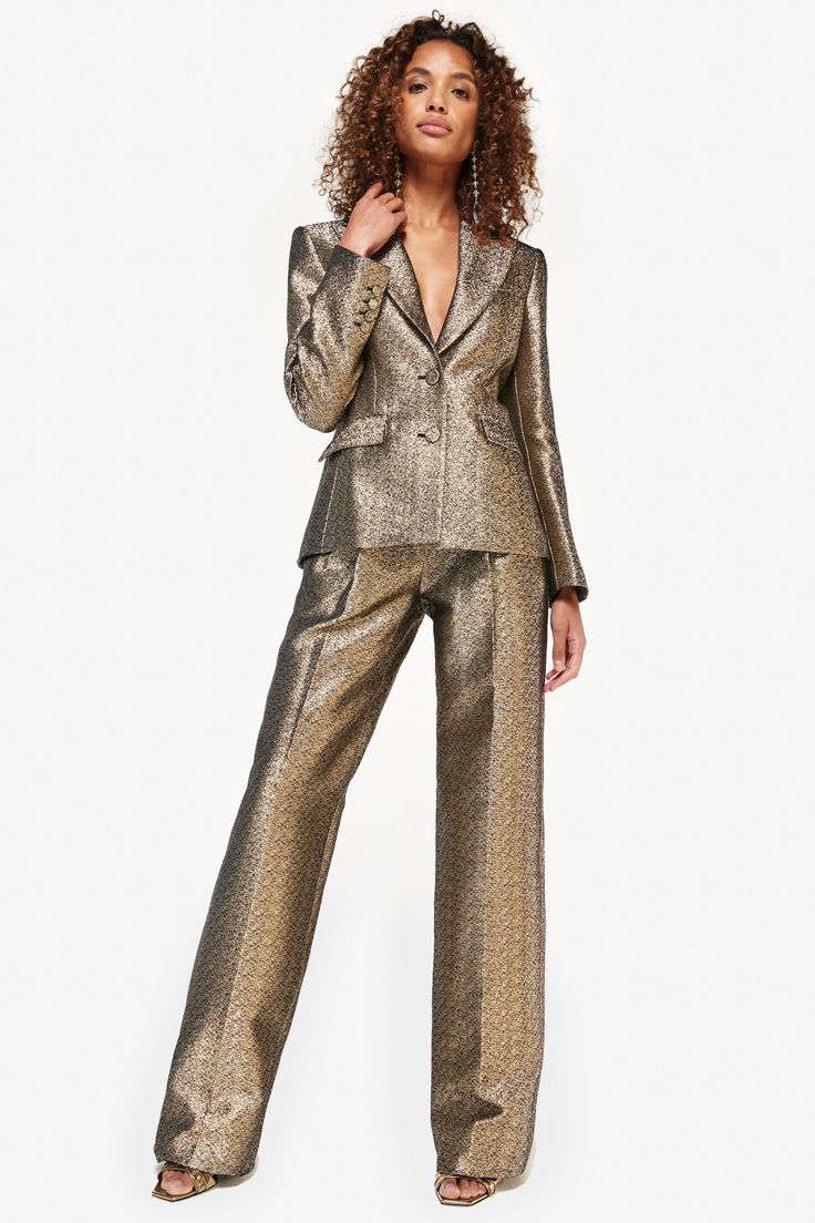 This item is final sale. Cut in a wide-leg silhouette, the metallic O'Connor trousers boast a high rise and pleated construction. Features: Banded waist Belt loops Zip fly with hook-and-eye closure Waist slant pockets Back welt pockets Lining: 100% polyester 100% polyester Dry clean Made in USA Model is shown in a size 2. We recommend ordering true to size, knowing the set is meant to be loose fitting. Gold Outfit Ideas, Trendy Date Night Outfit, Gold Suit, Pant Suits For Women, Gold Pants, Urban Chic Fashion, Vegas Outfit, Gold Outfit, Old Hollywood Glam