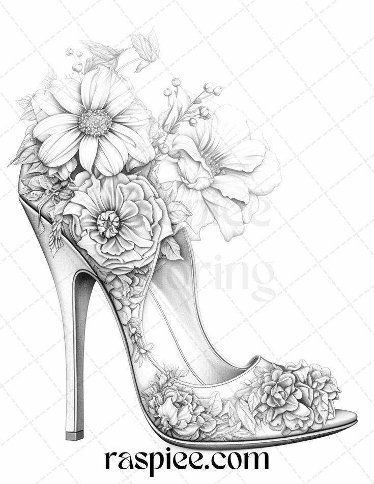 a high heeled shoe with flowers and butterflies on the heels is drawn in pencil