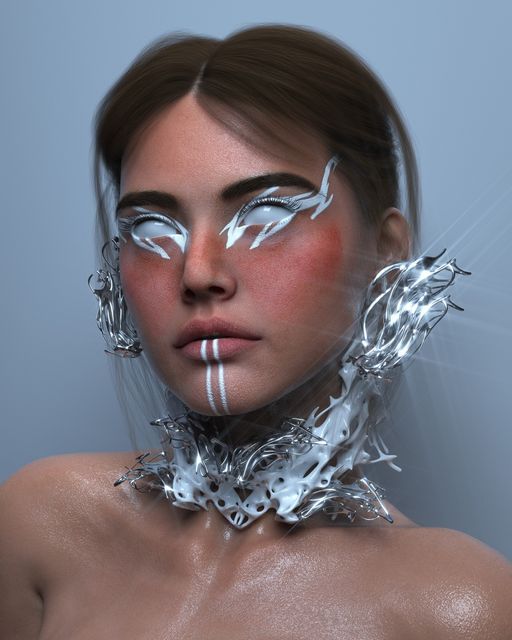 Ar-jin-tai on Instagram: "ᎮᏒᎥᎷᏗᏝ ᎥᏁᏕᏖᎥᏁፈᏖ🦌🌲 . What do you think about this Chrome jewelry and Makeup !!!🦴✨ . . #blender #c4d #octane #dazedbeauty #graphicmakeup #abstractmakeup #nftart #3dart #art #woman #hypebae #minimalism #blockchain #artwork #surreal #render #photoshop #3dart #renderzone #chrometype #y2k #realisticart" Futuristic Makeup Sci Fi, Sci Fi Makeup, Robot Makeup, Chrome Jewelry, Cyberpunk Makeup, Futuristic Costume, Futuristic Makeup, Alien Makeup, Drag Make-up