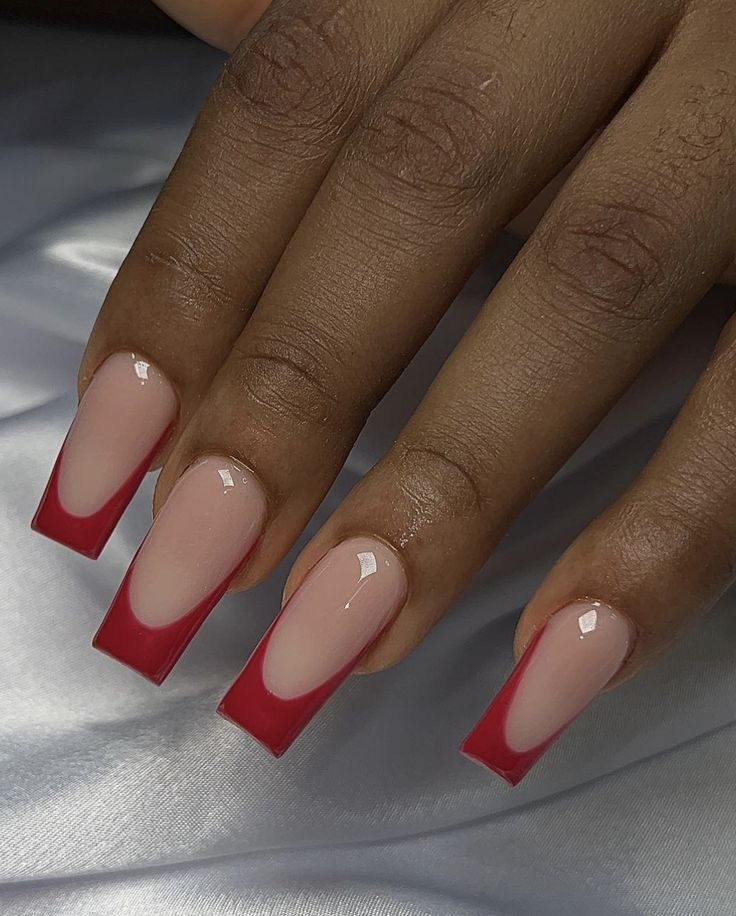 Red French Tip Tapered Square Nails, Prom Nails Red French Tip, Res French Tip Nails Square, Red Nail Tips Acrylic, Red Tapered Square Nails Short, Light Red French Tip Nails, Red Acrylic Nails Tapered Square, Small Red French Tip Nails, French Tip Acrylics Square