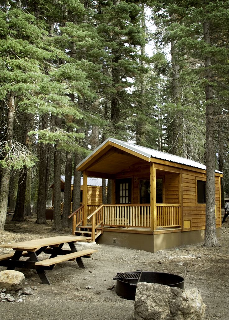 a small wooden cabin in the woods with picnic tables and firepits around it