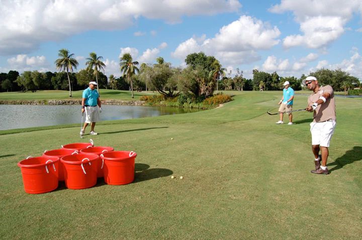 several people are playing golf on the grass near water and trees, with buckets in front of them