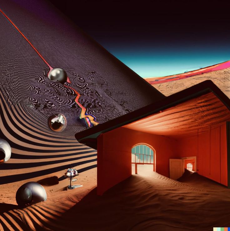 an image of a house in the desert with balls on it's roof and walls