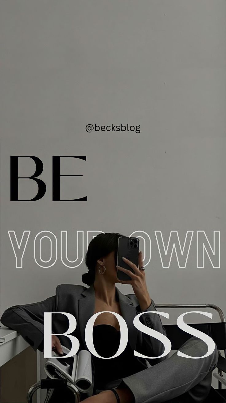 a woman sitting in a chair with her cell phone up to her face and the words be your own boss above her