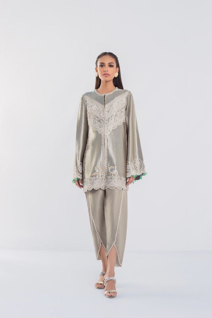 Hand Embellished Long Sleeve Sets For Eid, Hand Embellished Sets For Eid With Long Sleeves, Eid Silver Raw Silk Set, Eid Long Sleeve Hand Embellished Traditional Wear, Silver Embellished Sets For Eid, Embellished Silver Sets For Eid, Elegant Raw Silk Bandhgala With Dupatta, Elegant Bandhgala With Dupatta In Raw Silk, Elegant Embellished Sherwani For Eid