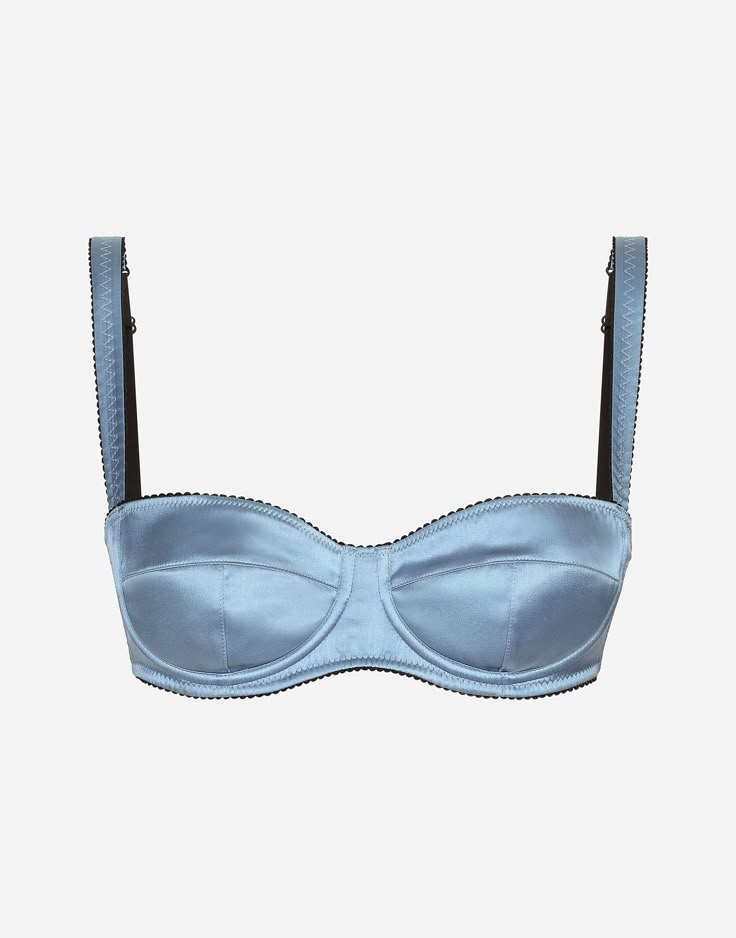 Satin balconette bra with contrasting stretch trim: Light blue Underwired cups and a half-moon insert with light even padding Straps with branded buckles Adjustable, 2-position hook-and-eye fastenings on the back Made in Italy Bra Items, Satin Bra, Lace Vintage, Balconette Bra, Iconic Bags, Demi Fine Jewelry, Vintage Lingerie, Exclusive Fashion, Blue Silk