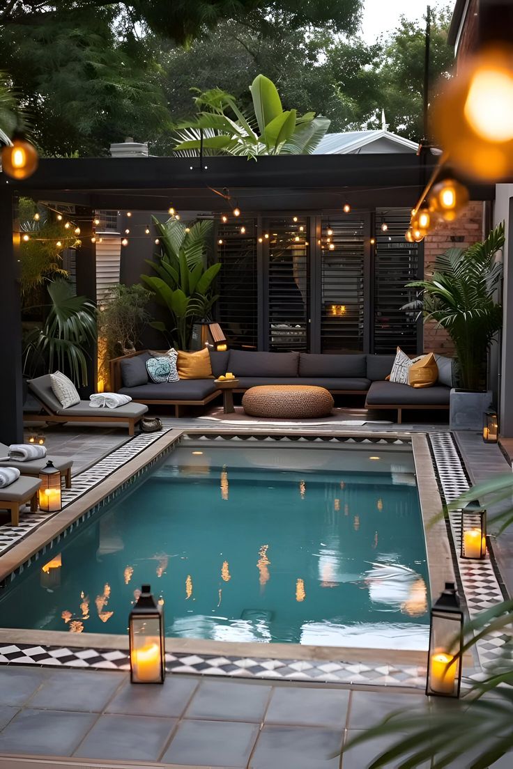 an outdoor pool surrounded by lights and furniture