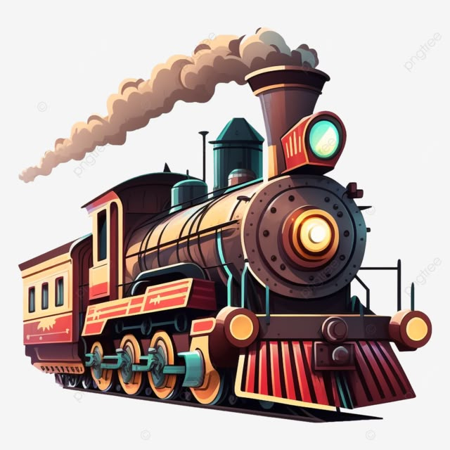 an old fashioned train with steam coming out of it's engine, on a white background