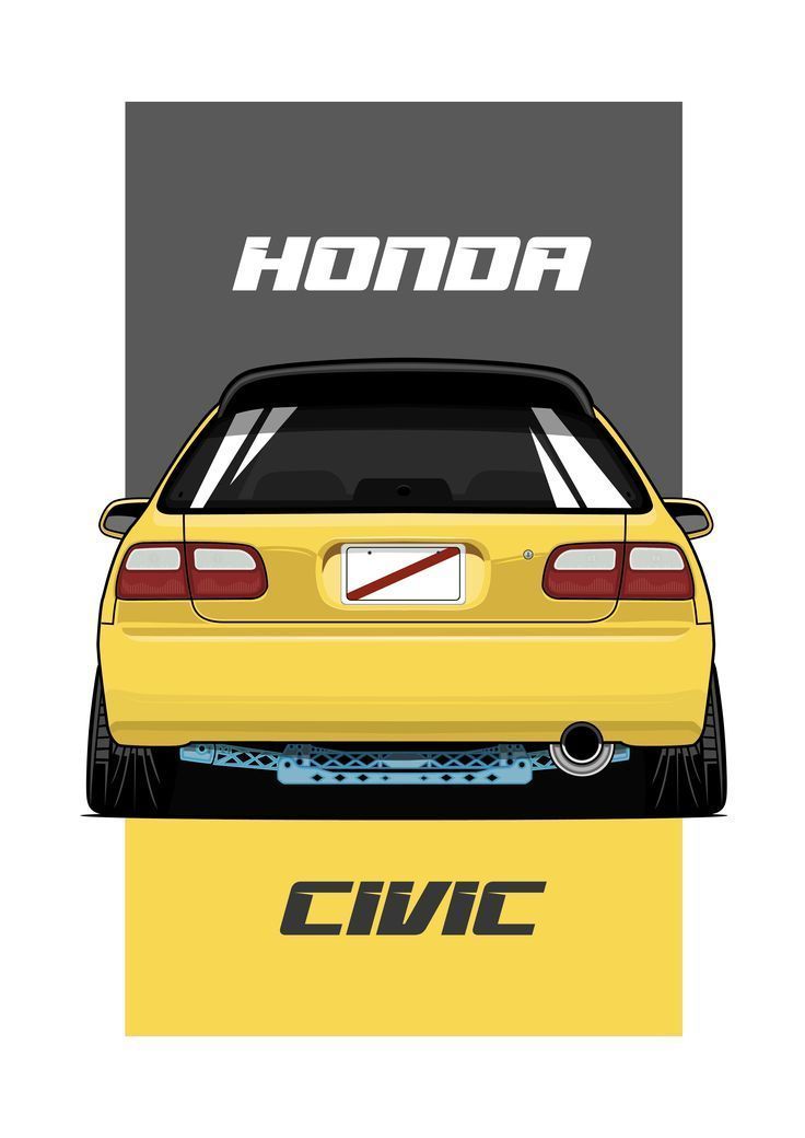 a yellow honda civic car with the word civic on it's back end in front of