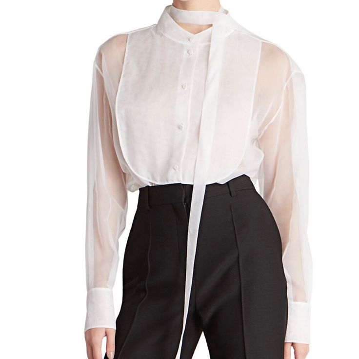 A Modern Take On The Tuxedo Shirt, This Version Is Crafted From An Airy Silk And Features A Mandarin Collar With Trailing Tie-Neck Detail. Happy To Provide Additional Photos And Video Or Answer Any Questions. Size: 46 Fits Like A Us 10-12 Or L- Xl Material: 100% Silk Color: White Poshmark Authenticates Every Purchase Over $500 For Free. After You Purchase I’ll Ship The Bag To Poshmark Headquarters. Poshmark Will The Authenticate And Ship The Bag Directly To You So You Can Purchase With Ease! Low Classic Sheer Top For Office, Classic Sheer Top For Formal Occasions, Classic Sheer Tops For Formal Occasions, Chic Sheer Formal Shirt, Chic Formal Sheer Shirt, Elegant White Shirt For Layering, Valentino T Shirt, Silk T Shirt, Linen Crop Top