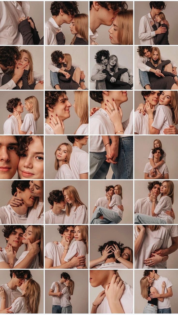 a collage of photos with people kissing each other