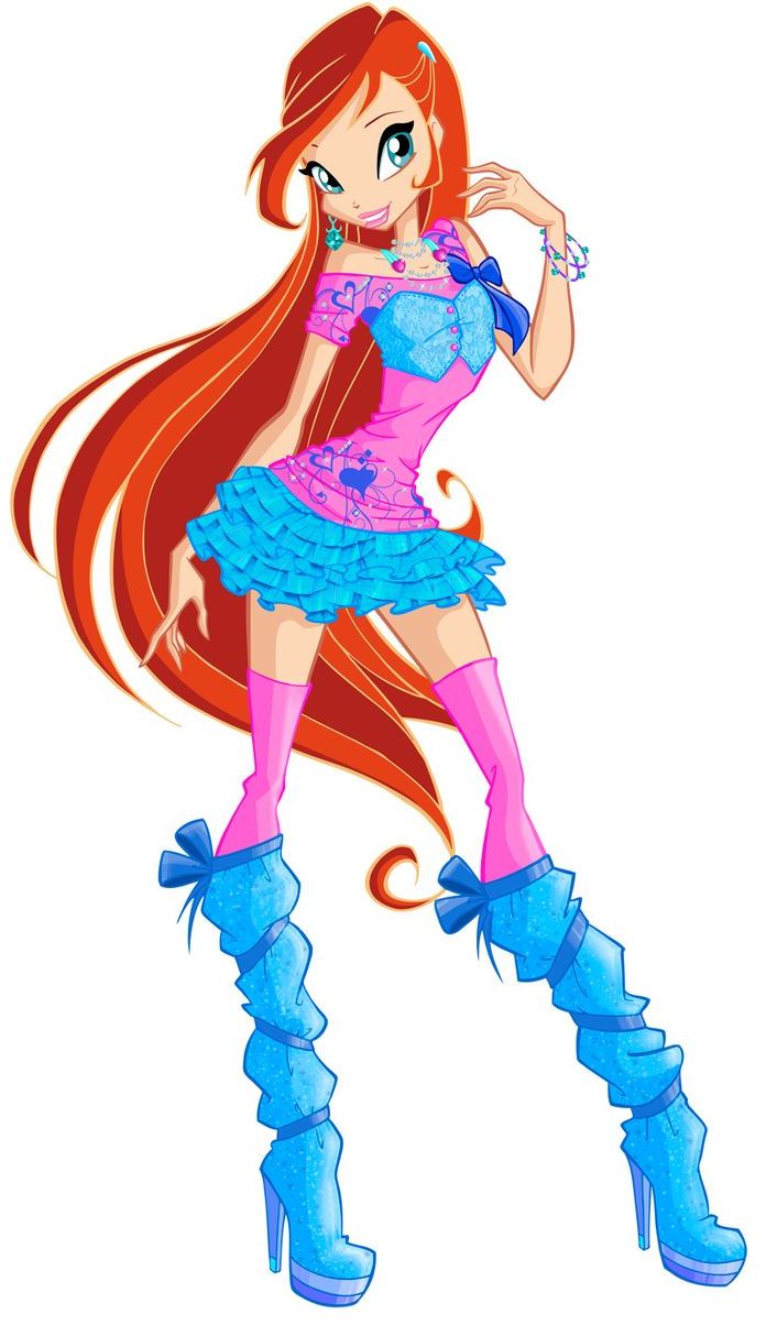 a cartoon girl with long red hair and blue boots, standing in front of a white background